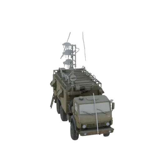 3D model of a green military truck with a tall, complex antenna array on top, viewed from a three-quarter front angle.