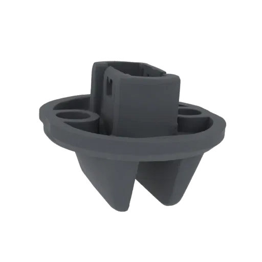 3D render of a dark gray industrial fastener clip with a circular base and a central securing mechanism.
