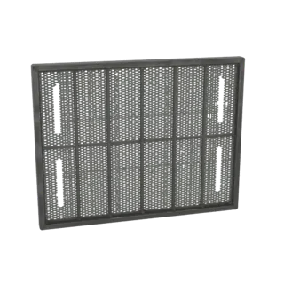3D model of a rectangular industrial sieve screen with a dark gray frame and a finely perforated mesh surface, featuring two
