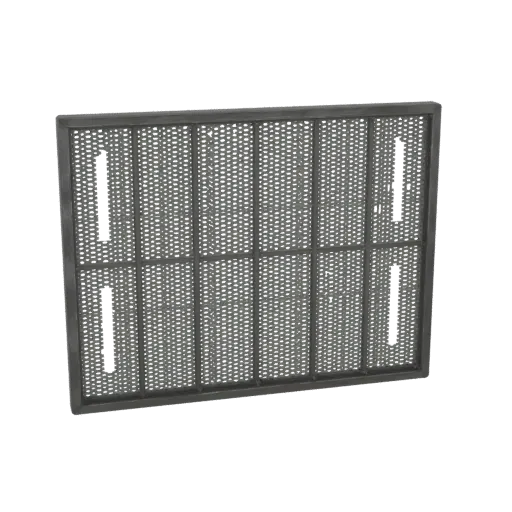 Modelo 3D de una malla industrial rectangular con marco gris oscuro y superficie de malla finamente perforada, con dos ranura