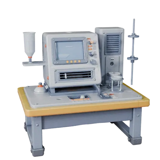 Stilisiertes 3D-Modell des Prototyp-Scanner-Geräts, stilisierte isometrische Darstellung, zeigt sauberes Metall, Tischgeräte.
