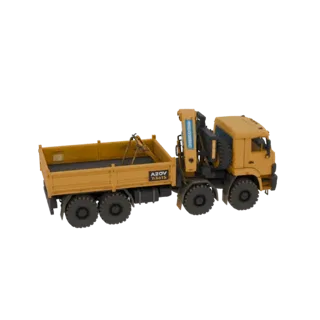 3D model of a yellow crane truck with a flatbed and a detailed crane arm, viewed from a three-quarter angle.