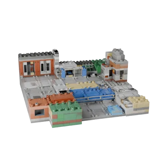 Kit de construção de cidade STL modelo 3D imprimível, vista isométrica, mostrando materiais do kit de construção modular e de