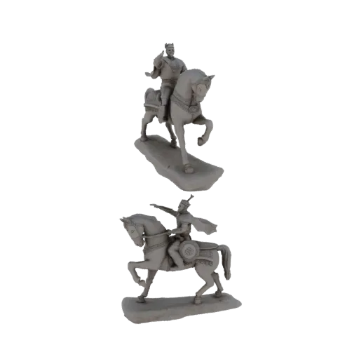 3D-Render von zwei grauen Steinstatuen von Kriegern zu Pferd, einer mit Krone, der andere mit ausgestrecktem Arm.