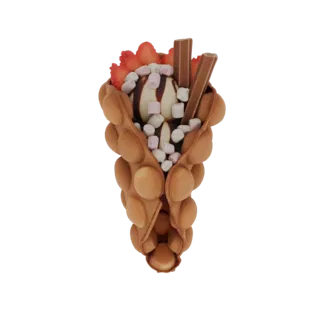 3D-Modell einer Bubble Waffel gefüllt mit Eis, Erdbeeren, Marshmallows und Schokoladensauce.