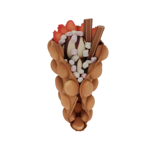 3D model of a bubble waffle cone filled with ice cream, strawberries, marshmallows, and chocolate sauce.