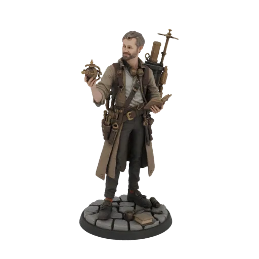 3D model of a Steampunk Alchemist character holding a glowing orb and a book, with detailed tools and a cobblestone base.