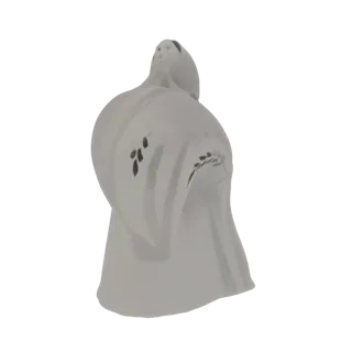 Modèle 3D d'une figurine fantôme blanche stylisée avec des motifs de feuilles sombres sur ses robes fluides, vue de trois qua