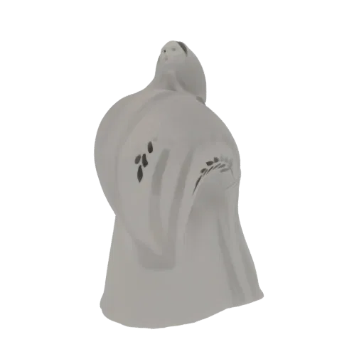 Modelo 3D de estatueta estilizada de fantasma branco com motivos de folhas escuras em suas vestes fluidas, visto de um ângulo