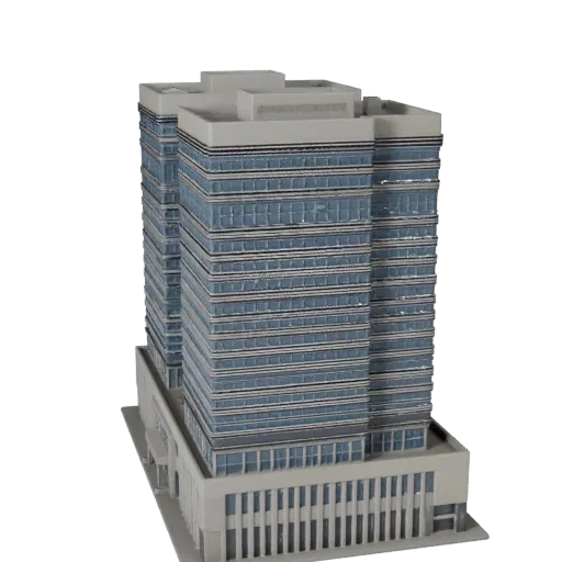 Modèle 3D haute poly de Centre d'Affaires, vue rapprochée de rendu architectural, montrant les matériaux du bâtiment de burea