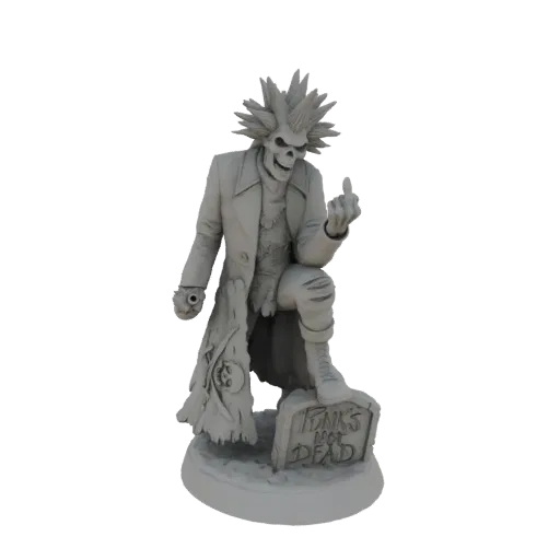 Renderização 3D de um figurino de esqueleto punk com moicano, vestindo um sobretudo e fazendo o gesto do dedo do meio enquant