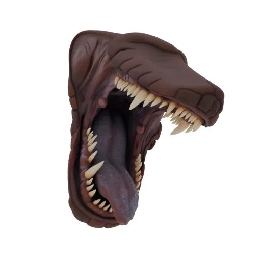A 3D render of a monstrous creature's open maw, revealing sharp teeth and a dark, cavernous throat against a black background