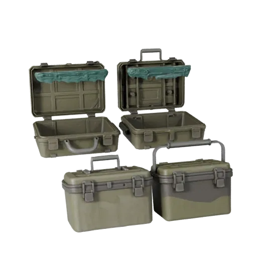 Military Style Toolbox 3D model, three-quarter front view, Unity viewport, showing plastic, usable openings.
