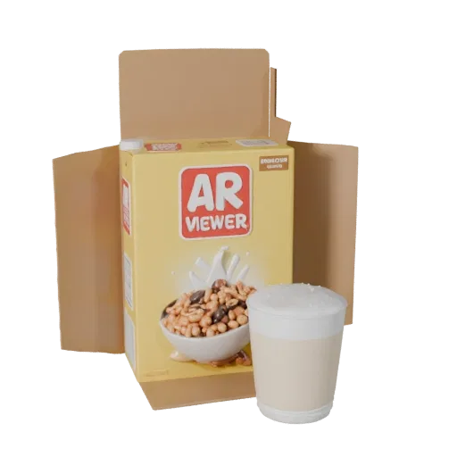Boxed Cereal Box 3D model, three-quarter front view, AR viewer studio render, showing cardboard, package massing.