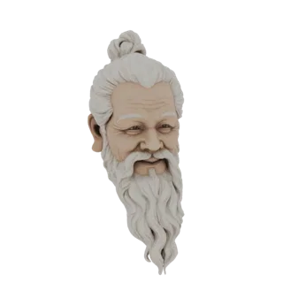Render de modelo 3D da cabeça e ombros de um sábio antigo, com barba branca longa e cabelo preso em um coque.