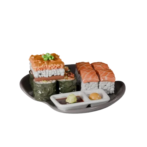 Homestyle Sushi Set Realistic 3D model, three-quarter studio render, showing sauces, plated composition.