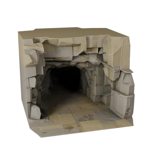 Wet Cave Floor Section Low Poly 3D model, game viewport three-quarter view, showing layered soil, built remnants.