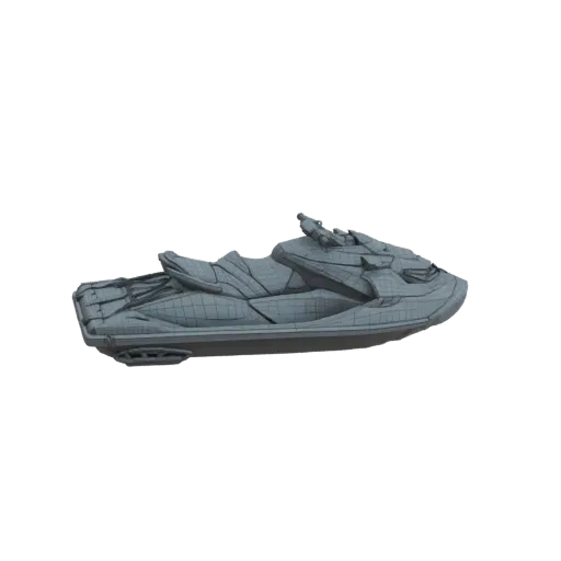 Wireframe 3D model of a futuristic jet ski, viewed from the side against a black background.