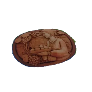 Modello 3D di un rilievo ovale cameo con una donna che tiene frutta, con viti e grappoli d'uva circostanti.