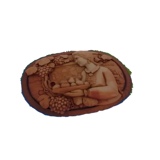3D model of an oval cameo relief featuring a woman holding fruit, with grapevines and clusters of grapes surrounding her.
