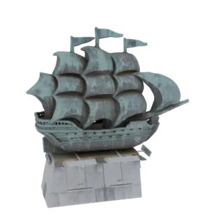 3D-Modell einer Galeonen-Schiff-Skulptur mit Rost-Patina auf Steinsockel, von der Seite betrachtet.