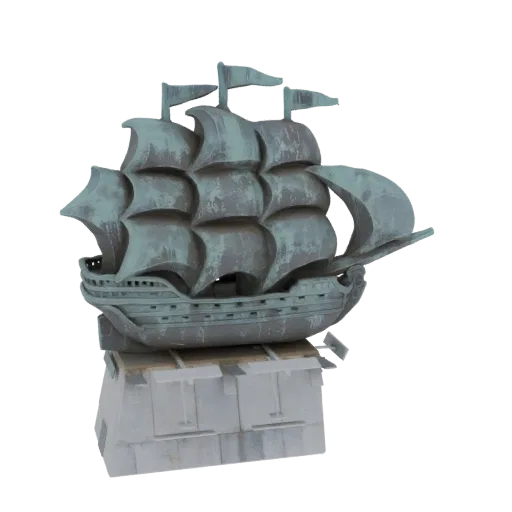 3D model of a verdigris-coated galleon ship sculpture on a stone base, viewed from the side.