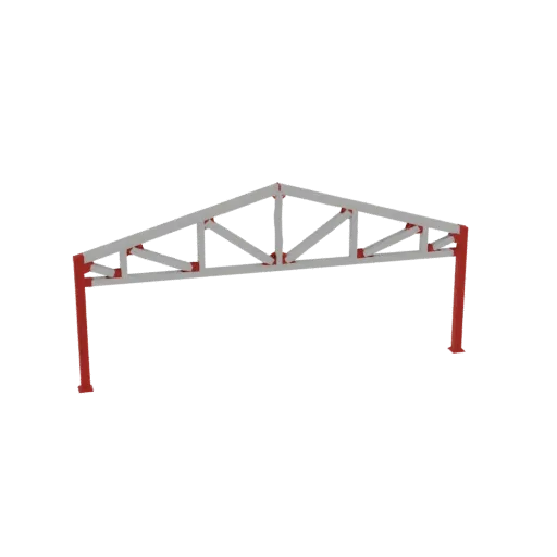 3D model of an industrial truss structure with red vertical supports and a grey triangular roof truss.