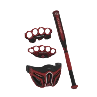 3D render of a Maybach-themed combat gear set featuring red and black brass knuckles, a mask, and a baseball bat.
