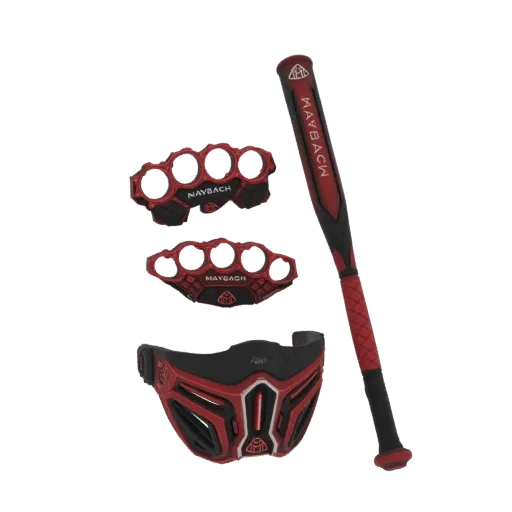 3D render of a Maybach-themed combat gear set featuring red and black brass knuckles, a mask, and a baseball bat.