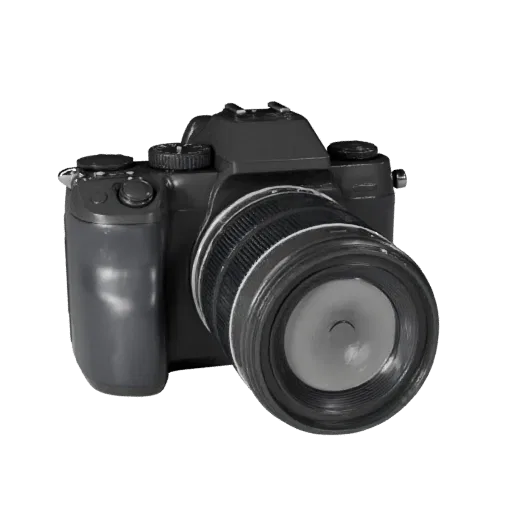 Mirrorless Video Camera 3D model, three-quarter front view, AR viewer studio render, showing material detail and scale.