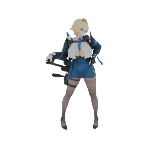Modello 3D di una ragazza anime con capelli biondi, indossa un vestito blu e giacca, posata con armi.