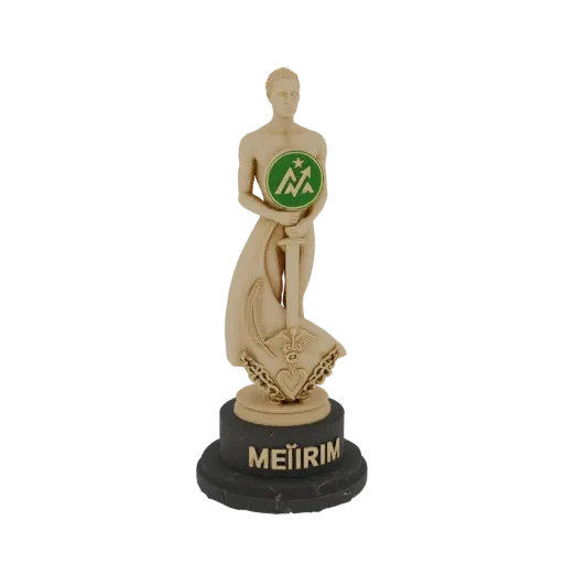 3D model of the Meirim Award statue, a classical figure holding a sword and a circular emblem, on a marble-like base with 'ME