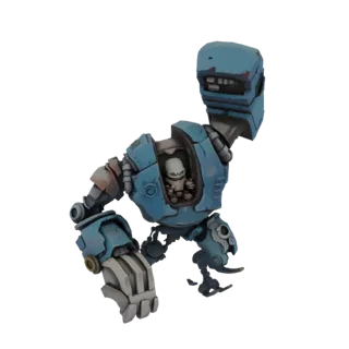 3D model render of a blue, weathered mech robot with a pilot visible inside its cockpit, posed dynamically.