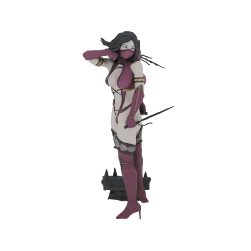 Modelo 3D de Mileena "Sai" en pose dinámica, vistiendo atuendo de combate morado y sosteniendo armas sai gemelas.