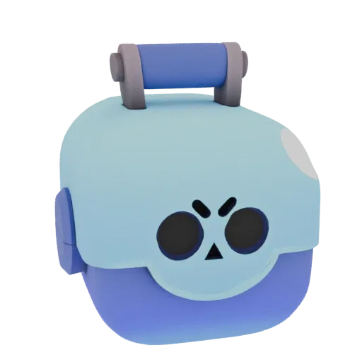 3D model of the Brawl Stars Loot Box, featuring a blue top, purple bottom, and an angry face with black eyes and a triangular