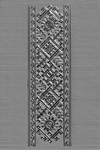 Modelo 3D de bajo relieve de estilo eslavo con imagen de sol, patrones y motivos vegetales sobre fondo gris.