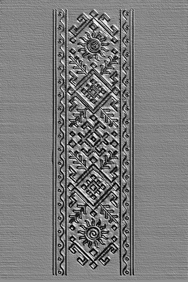 3D model of a Slavic-style bas-relief with a sun, patterns, and floral motifs on a gray background.