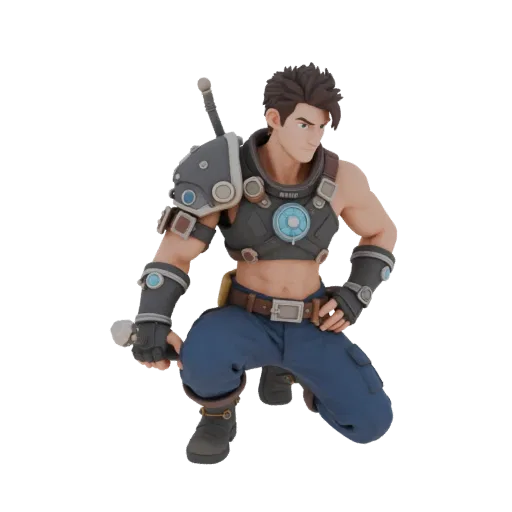 3D model of the Davankov character in futuristic armor, crouched with a weapon, on a white background