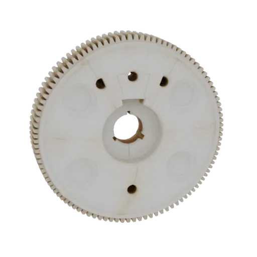 3D model of a white plastic gear with a central hub and visible teeth, set against a black background.