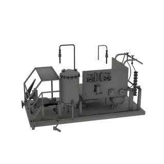 3D model of an industrial chemical processing unit with tanks, pipes, and control panel, rendered in grayscale.