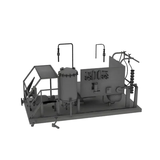 Modelo 3D de uma unidade de processamento químico industrial com tanques, tubulações e painel de controle, renderizado em esc