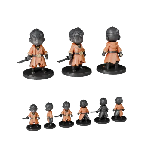Abenteuer-Figur Produkt-Rendering 3D-Modell-Vorschau, die Pose, Dreiviertelansicht, Proportionen des Spielzeugs und Materiald