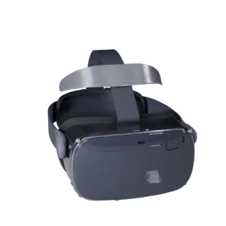 VR Headset 3D model, three-quarter front view, Unity viewport, showing silicone, wearable fit.