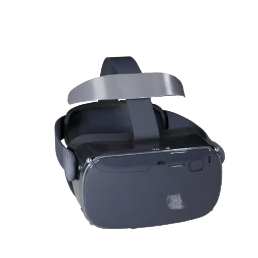 VR Headset 3D model, three-quarter front view, Unity viewport, showing silicone, wearable fit.
