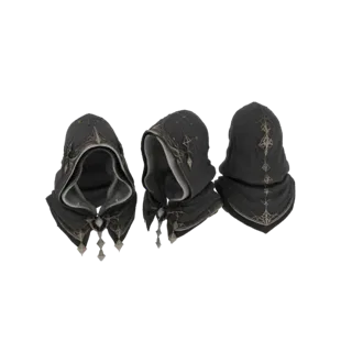 3D model of a dark hooded cloak with ornate golden patterns and three hanging tassels, shown from multiple angles.