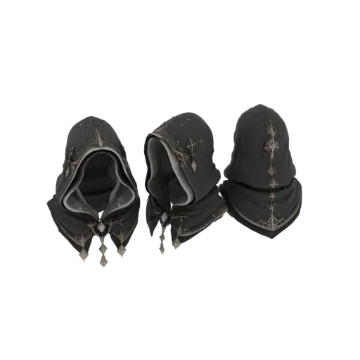 3D model of a dark hooded cloak with ornate golden patterns and three hanging tassels, shown from multiple angles.