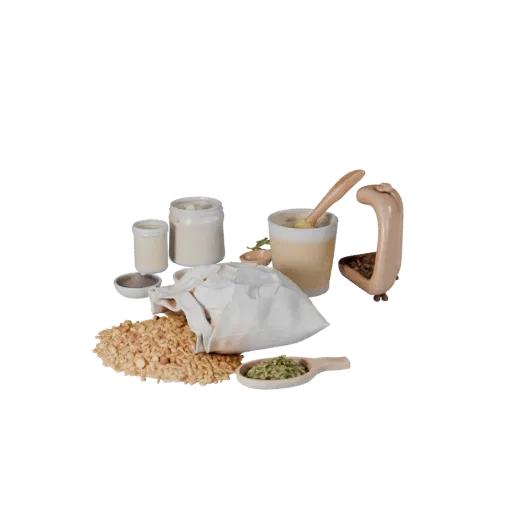 Pantry Rice Sack Product Viz 3D model, three-quarter studio product render, showing powders, small ingredient shapes.