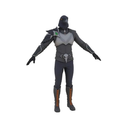 3D model of a fantasy Avian Warrior in dark armor with a bird's head, standing in a T-pose against a black background.