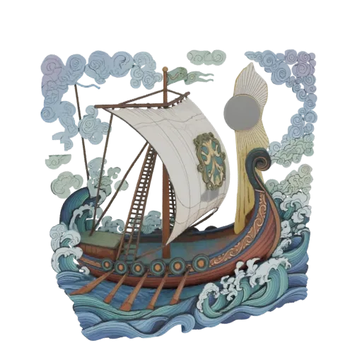 3D model of a Viking longship sailing through rough, stylized waves under a dramatic sky with clouds and a sunburst.