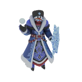 Modèle 3D d'un Bonhomme de Neige Guerrier Givré portant un manteau bleu avec bordure en fourrure blanche, tenant un bouclier